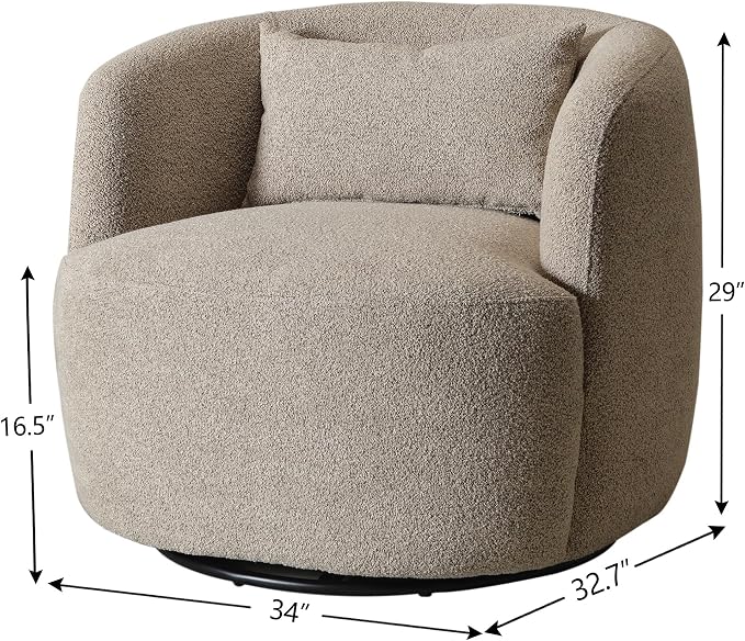 KINWELL 34" Wide Boucle Swivel Barrel Chair, No Assembly Round Upholstered Armchair Accent Chair Single Sofa Chair with Toss Pillow for Living Room and Bedroom, Taupe