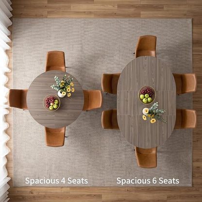 HIPIHOM 43.2"-59.1" Oak Round Extendable Table with PU Chairs Set of 7 | Includes 6 PU leather chairs, mid century modern, thickened MDF table top, scratch resistant, space saver