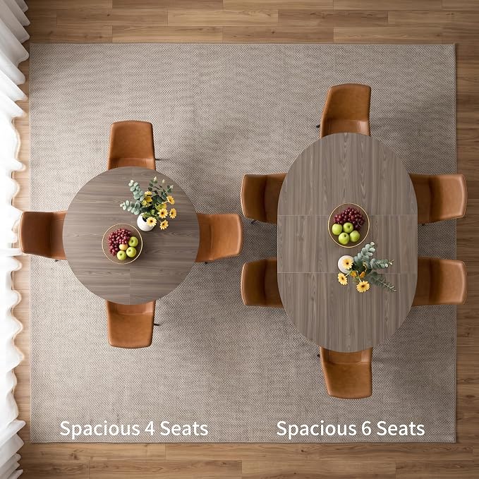 HIPIHOM 43.2"-59.1" Round Extendable Dining Table Set for 4 Metal Legs | Mid century modern oak finish, thickened MDF tabletop, scratch resistant, space saver, for 4-6 people