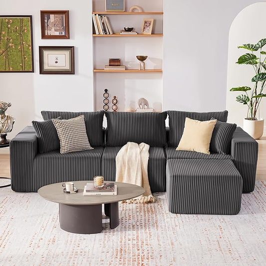 Weture 107.4" Cloud Couch Sectional, Modular Sofa with Deep Seat, Plush Corduroy L Shaped Boneless Couch, Convertible Sectional Couches for Living Room, 4Seat, Darkgrey