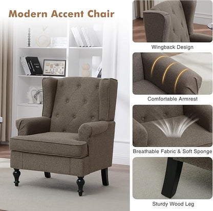 Accent Chair for Living Room, Mid Century Modern Upholstered Armchair, Wingback Chair with Tufted High Back and Solid Legs, Comfy Side Chairs Single Sofa for Bedroom, Brown