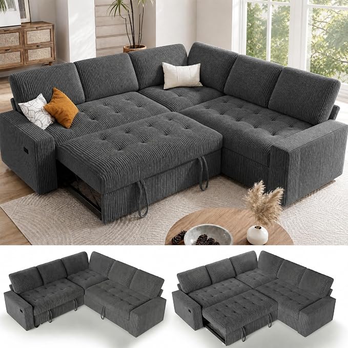 Sunny Heart Modular Sectional Sleeper Sofa with Pull Out Bed, Corduroy L Shaped Sectional Sofa with USB Ports/Adjustable Backrest/Storage Seats, Tool-Free Assembly, Couches for Living Room Dark Grey