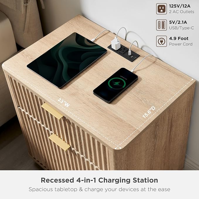 T4TREAM 23'' Fluted Nightstand Swith Charging Station, Large 2 Drawer Side Table, Modern End Table with Storage, Mid Century Bedside Table for Bedroom, Living Room, Curved Profile, Natural Oak
