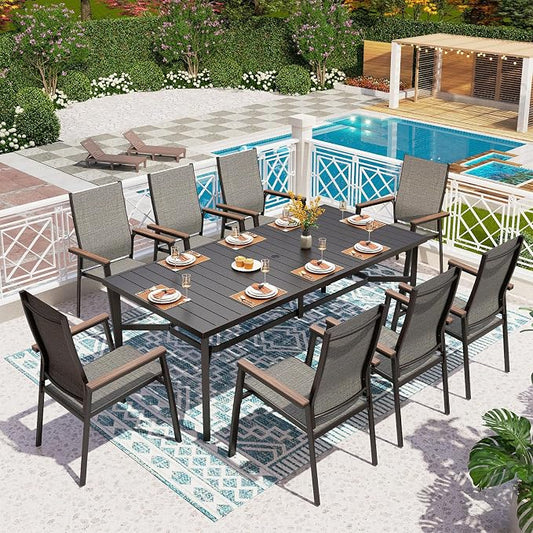 PHI VILLA 9 PCS Patio Dining Set, Aluminum Outdoor Furniture, Patio Table and Chairs for 8, Lightweight Stackable Chairs with Breathable Fabric and Elongated Metal Table for Garden Yard Deck, Grey