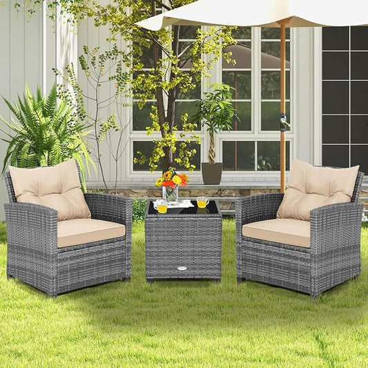 Tangkula 3 Pieces Wicker Patio Furniture Set, Outdoor Rattan Conversation Cushioned Chair Set with Tempered Glass Side Table, for Porch, Balcony and Garden