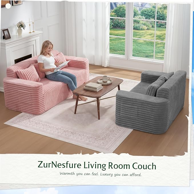 ZurNesfure Sofa Couch Cloud 3-Seater Memory Foam Couch with Pillow No Assembly Required, Modern Couch with Removable Washable Cover Boneless Sofas for Living Room Bedroom Apartment (Pink,3-Seater)