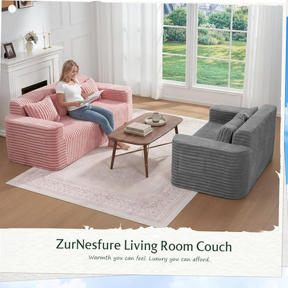 ZurNesfure Sofa Couch Cloud 3-Seater Memory Foam Couch with Pillow No Assembly Required, Modern Couch with Removable Washable Cover Boneless Sofas for Living Room Bedroom Apartment (Pink,3-Seater)