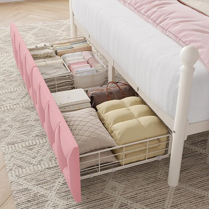 Keyluv Full Size Upholstered LED Canopy Bed Frame with Charging Station and Drawer, Button Tufted Crown Headboard with Storage Shelf, Two-Purpose Removable Four Poster Design Platform Bed, Pink