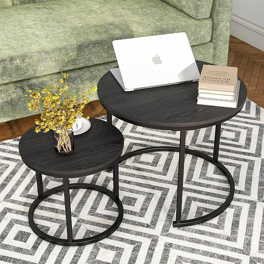HOJINLINERO Round Coffee Table,Nesting Coffee Table Set of 2,Center Tables for Living Room,Office, Home Small Space,Stacking Side Tables,Sturdy and Easy Assembly,Wood Desktop,Black,Small