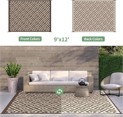 GENIMO Outdoor Rug for Patio Clearance, 9'x12' Waterproof Camping Mat, Reversible Plastic Straw Rugs for RV, Camper, Balcony, Backyard, Picnic, Deck (Coffee & Beige)