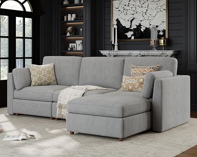 Oversized Modular Sectional Sofa L-Shaped Cloud Couches Gray | 116'' Deep Seat Couch for Living Room, 4-Seater Luxury Corner sofa with Ottoman, Solid Wood Frame, Removable Washable Cover