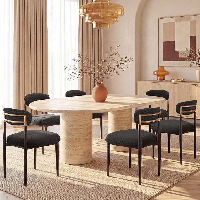 Morden Fort Black Dining Chairs Set of 4, Boucle Upholstered Kitchen Chairs with Curved Backs and Gold Metal Frame for Dining Room and Apartment, Black