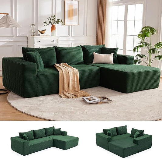 Mangodan 110” Cloud Sectional Couch, Boneless Sofa for Living Room, Modular Sectional Sofa with Deep Seat, Comfy Fluffy Couch with L-Shaped Chaise, No Assembly Required (Right-Facing Chaise, Green)