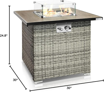 SereneLife Propane Fire Pit Table, 50000 BTU CSA/ETL Certified Safe Gas Table with Sturdy Wicker Base, Stainless Steel Burner, Glass Wind Guard & Cover, Outdoor Fireplaces for Parties