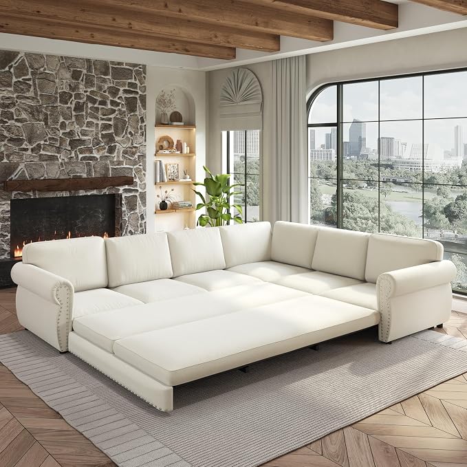 118" L-Shaped Sleeper Couch Bed - Oversize Convertible with Pull-Out Sofa Bed, Button Tufted Chesterfield Sofa, Chenille Sectional Vintage Couches for Living Room/Apartment(6-Seater, Beige)