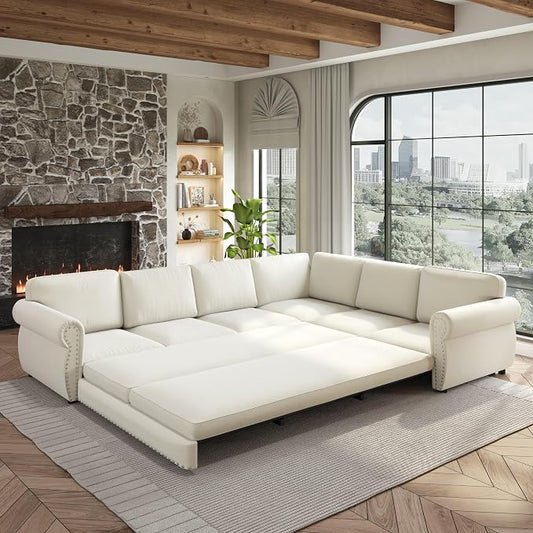118" L-Shaped Sleeper Couch Bed - Oversize Convertible with Pull-Out Sofa Bed, Button Tufted Chesterfield Sofa, Chenille Sectional Vintage Couches for Living Room/Apartment(6-Seater, Beige)