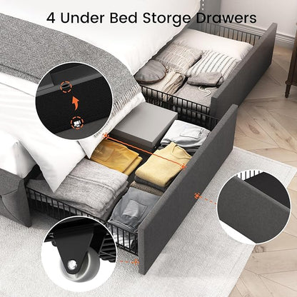 LARMACE Full Size Bed Frame with 4 Storage Drawers and 47.2" Tall Wingback Headboard Linen Upholstered Platform Bed Frame Tufted Beds with Wooden Slats Support, Easy Assembly, Light Grey