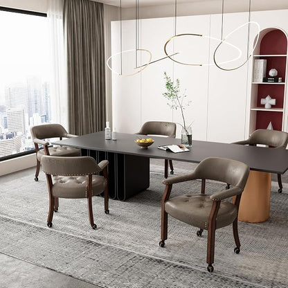 LEEMTORIG Set of 4 Dining Chairs with Casters and Arms, Rolling Dining Chairs with Wheels for Elderly, Ergonomic Wide Seat Wooden Office Chair, 26" Dx25.2 W, Cherry Legs&Dark Brown Fabric SY-1533-DK