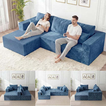 92.5" Modualr Sectional Sofa, L-Shape Corduroy Sectional Cloud Couch with Chaise, Upholstered Memory Foam Boneless Couch for Living Room, No Need Assembly - Blue(Left Facing Chaise)