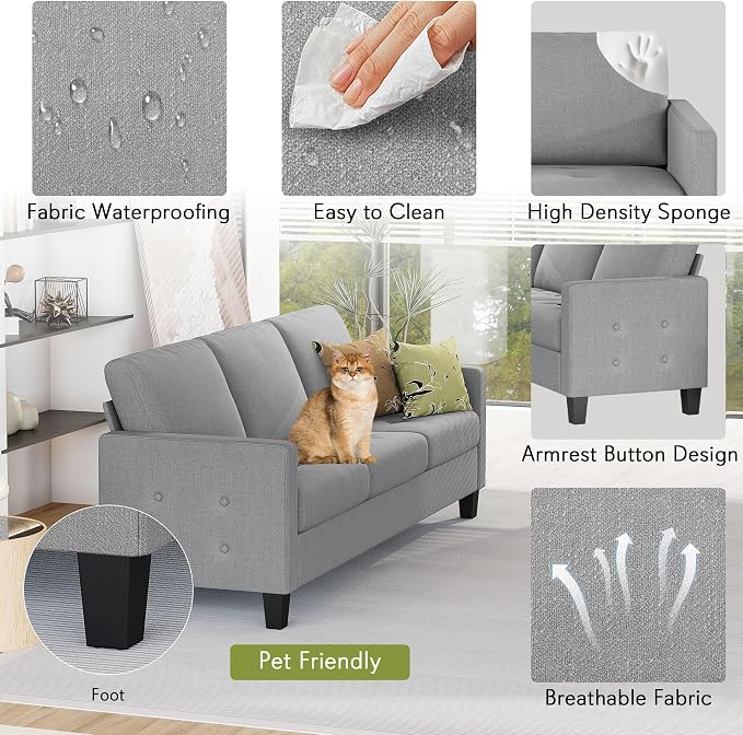 STHOUYN 73" W 3 Seater Couch with USB Ports, Grey Comfy Sofa Couches for Small Spaces, Mid Century Modern Couch Loveseat for Living Room, Bedroom, Apartment (Light Grey)