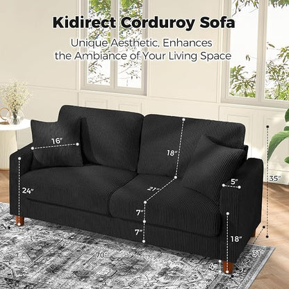 Kidirect 70in L Shaped Couch, Modular Sofa No Tool Assembly, Comfy Sectional Couches for Living Room 21in Deeper Seats, Corduroy Sofas for Living Room with 2 Pillows, Loveseat Sofa Set, Black Couch