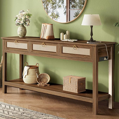 SUPERJARE Rattan Console Sofa Table with Outlets and USB-C Port, 3 Drawer Entryway Table with Synthetic Rattan Surface, 53.9 Inch, Open Shelf, Behind Couch Entry Foyer Hallway Storage, Brown