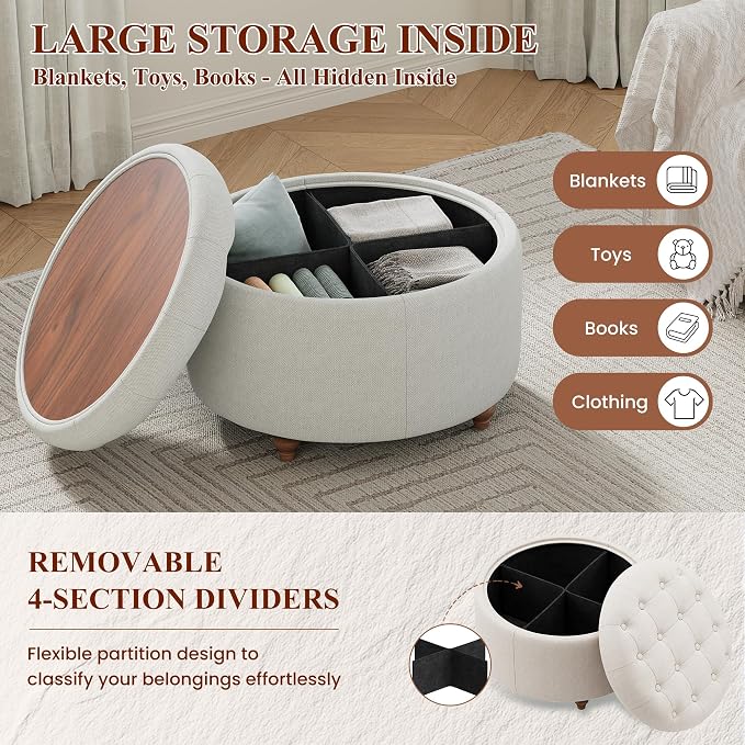 25Inch Round Ottoman with Storage, Tufted Fabric Modern Circle Ottoman with Reversible Tray Lid and Wood Legs, Multi-Functional Small Coffee Table for Living Room, Bedroom, Camel
