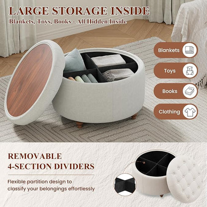 25Inch Round Ottoman with Storage, Tufted Fabric Modern Circle Ottoman with Reversible Tray Lid and Wood Legs, Multi-Functional Small Coffee Table for Living Room, Bedroom, Camel