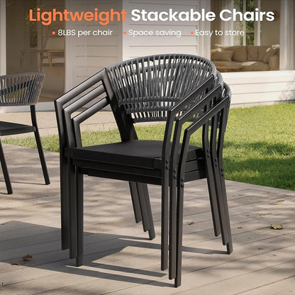 Pellebant Aluminum 13-Piece Outdoor Dining Table Set for 8-12 Person | Patio Stackable Chair with U-Shaped Wicker Backrest, 118" Table with Wood-Grain Top & Umbrella Hole, Aluminum Frame Furniture