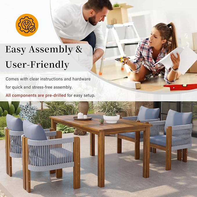 Quarte Luxury 4-Person Outdoor Dining Set: Solid Acacia Wood Table with Rope-Woven Chairs & Comfy Cushions for Patio, Garden, Poolside or Deck (Brown,Gray-R)