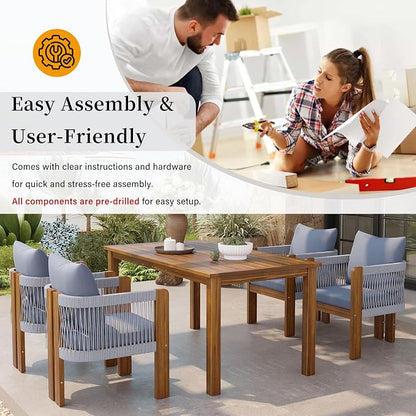 Quarte Luxury 4-Person Outdoor Dining Set: Solid Acacia Wood Table with Rope-Woven Chairs & Comfy Cushions for Patio, Garden, Poolside or Deck (Brown,Gray-R)
