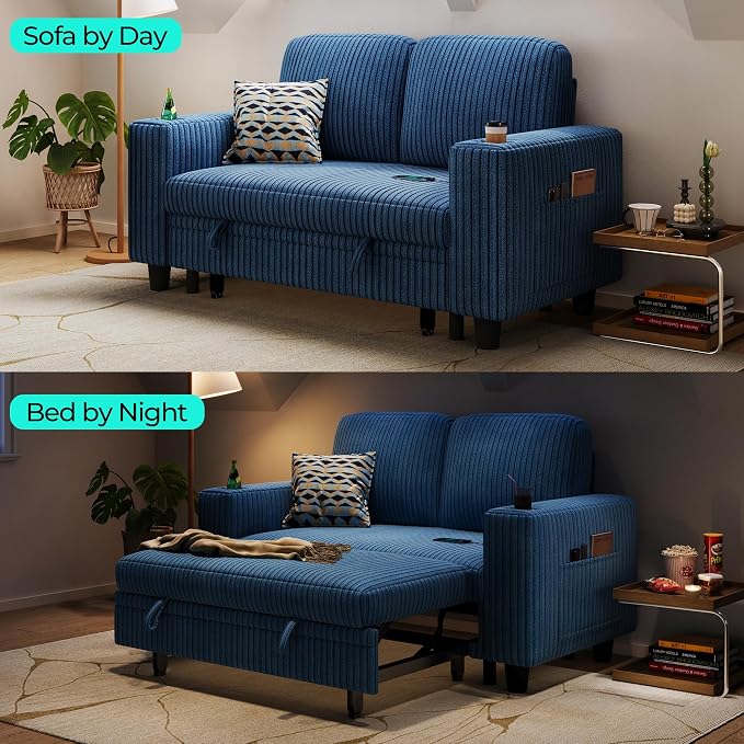 LINSY HOME 56" Sectional Modular Sectional Couch with Pull Out Bed, Loveseat Sleeper Sofa, Corduroy Convertible Sofa Bed, Cup Holder|USB Charging|Side Pocket, Living Room, Bedroom, Apartment, Blue