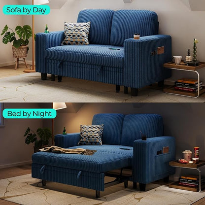 LINSY HOME 56" Sectional Modular Sectional Couch with Pull Out Bed, Loveseat Sleeper Sofa, Corduroy Convertible Sofa Bed, Cup Holder|USB Charging|Side Pocket, Living Room, Bedroom, Apartment, Blue