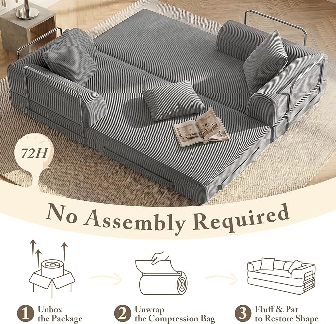 89" Cloud Boneless Convertible Sofa Bed, 5-in-1 Foldable Compressed High-Density Sponge Sofa, Corduroy Fabric 3 Seater Sleeper Couch Futon Daybed for Living Room Bedroom (Gray) | 5-in-1 Foldable