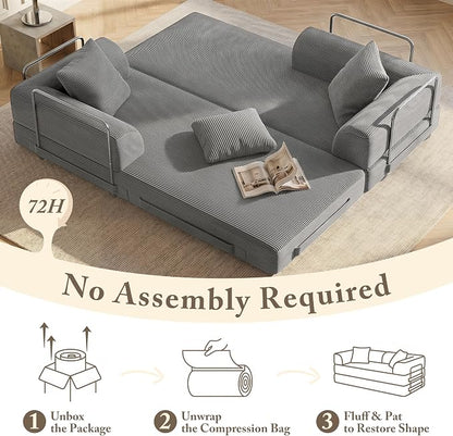 89" Cloud Boneless Convertible Sofa Bed, 5-in-1 Foldable Compressed High-Density Sponge Sofa, Corduroy Fabric 3 Seater Sleeper Couch Futon Daybed for Living Room Bedroom (Gray) | 5-in-1 Foldable