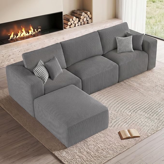 Living&Giving 115" Modular Cloud Boneless Couch, L-Shaped Sectional Sofa with Ottoman, Premium Corduroy Floor Couch, High-Density Foam & Firm Back Support for Living Room Apartment, Grey | Boneless Couch