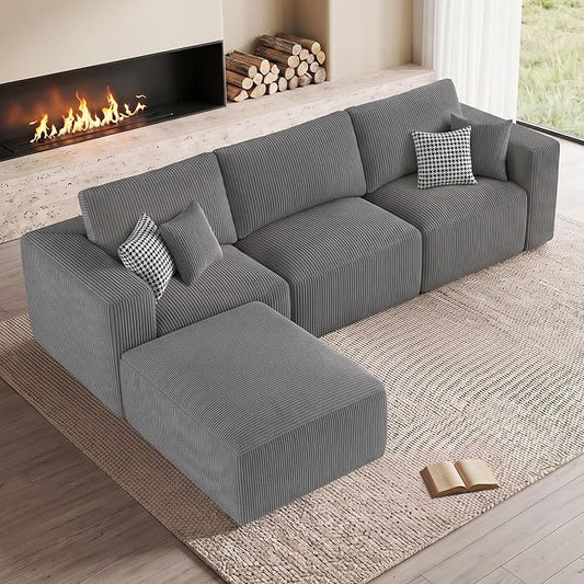 Living&Giving 115" Modular Cloud Boneless Couch, L-Shaped Sectional Sofa with Ottoman, Premium Corduroy Floor Couch, High-Density Foam & Firm Back Support for Living Room Apartment, Grey | Boneless Couch