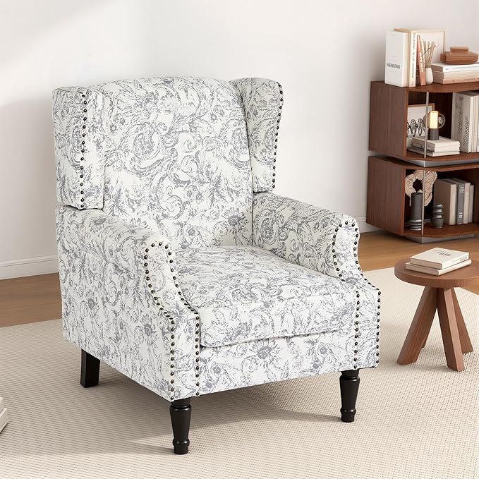 High Back Floral Accent Chairs Set of 2, Fabric Wingback Chair Upholstered Armchair for Living Room - Rococo Light Gray
