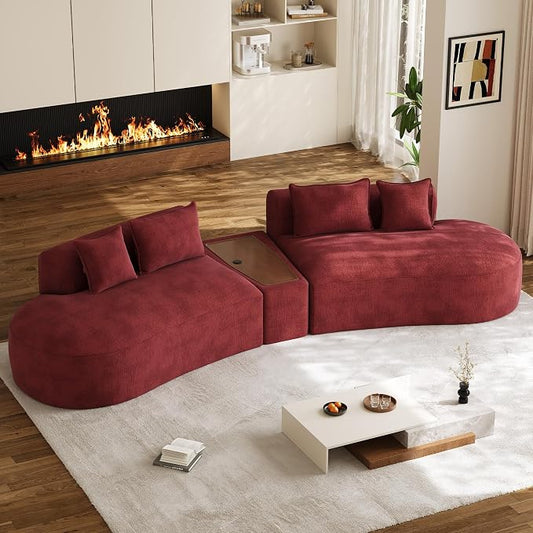 153.3" Oversized Curved Sectional Sofa, Luxury Chenille Cloud Couch for Living Room, Large Modern Modular Deep Seat Sofa with Movable Coffee Table & USB, No Assembly Needed, Red
