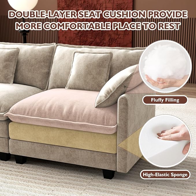 Ihanherry 114" V-Shaped Modern Sofa Modular Sectional Luxurious and Comfortable with Corner Section, 5-Seat Chenille Deep Seat Sofa with 5 Pillows for Living Room, Bedroom and Apartment, Sand