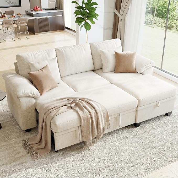 Modular Sectional Sleeper Sofa Bed, 86" Convertible Cloud Couch Bed, L Shaped 4 Seat Pull Out Couch with Storage Ottoman, Sectional Couches for Living Room, Apartment (Beige)