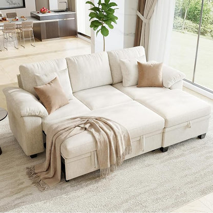 Modular Sectional Sleeper Sofa Bed, 86" Convertible Cloud Couch Bed, L Shaped 4 Seat Pull Out Couch with Storage Ottoman, Sectional Couches for Living Room, Apartment (Beige)