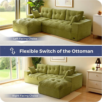 MAXYOYO 96" L Shaped Modular Sectional Sofa with Ottoman, Cloud Boneless Couch with Layered Cushion, Upholstered Sofa in a Box, Flexible Module Combination for Living Room, No Assembly, Green