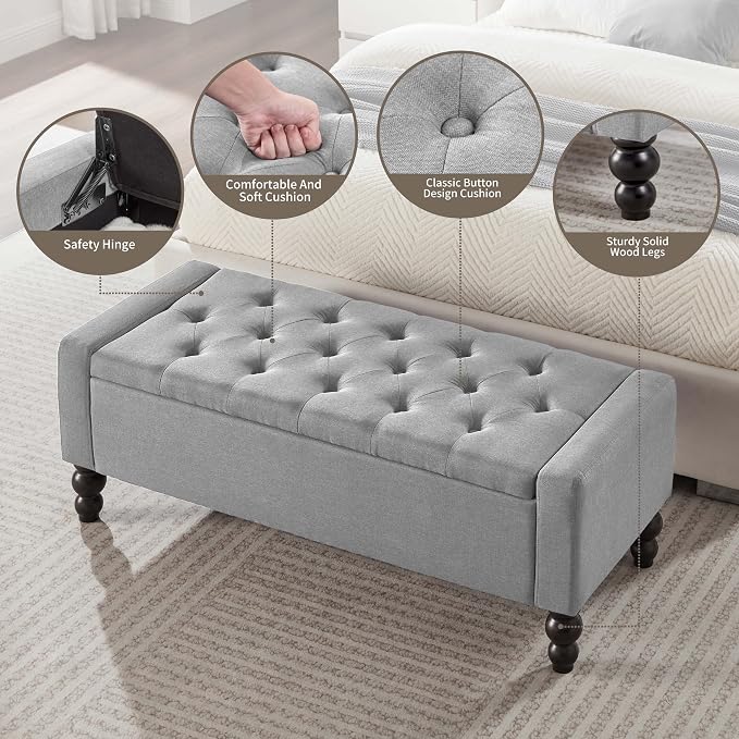 50" W Storage Ottoman Bench with Safety Hinge, Load up to 660 lb Ottoman with Storage, Upholstered Tufted Entryway Bench with Seating for Living Room, Bedroom, Light Gray