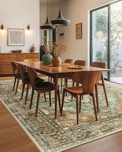 RELEANY Area Rugs 6'x9' Washable Non-Slip, Floral Vintage Distress Medallion Carpet for Living Room Bedroom Dining Room, Terracotta Burnt Orange Green