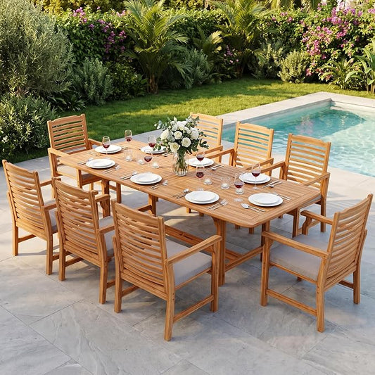 PHI VILLA 9pc Outdoor Dining Set, Expandable Wood Table w/Umbrella Hole | Acacia wood teak patio furnitue set for 8. Perfect for patio, deck, porch, backyard. Chairs with cushions