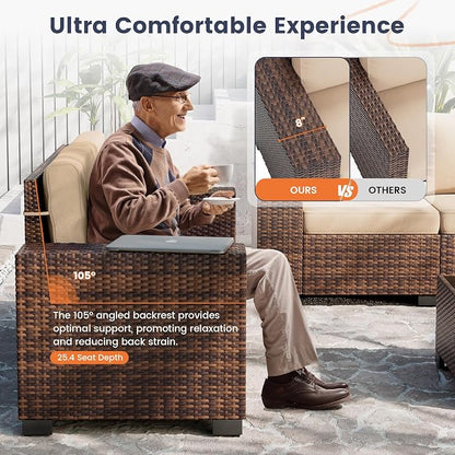 UDPATIO Patio Furniture Set, 8 Inch Armrest Outdoor Sectional Sofa with Wicker Coffee Table, 6 Piece Conversation for Garden, Backyard, Khaki
