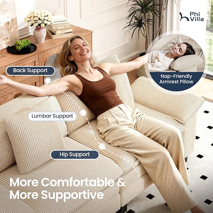 PHI VILLA Cloud Modular Couches Sets, 87.5" Sectional Loveseat Sofa with Upholstered Deep Seat, 2-Seater Comfy Couches for Living Room Bedroom, Corduroy Fabric, Beige
