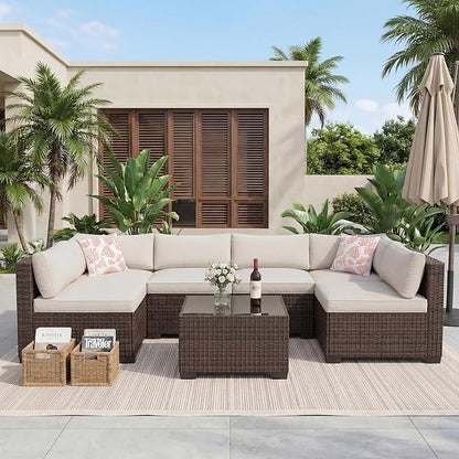 7 PCS Outdoor Sectional Furniture Set, Wicker Conversation Set Sofa, Brown | Freely combinable outdoor conversation sofa Weather resistant rattan wicker furniture Easy clean