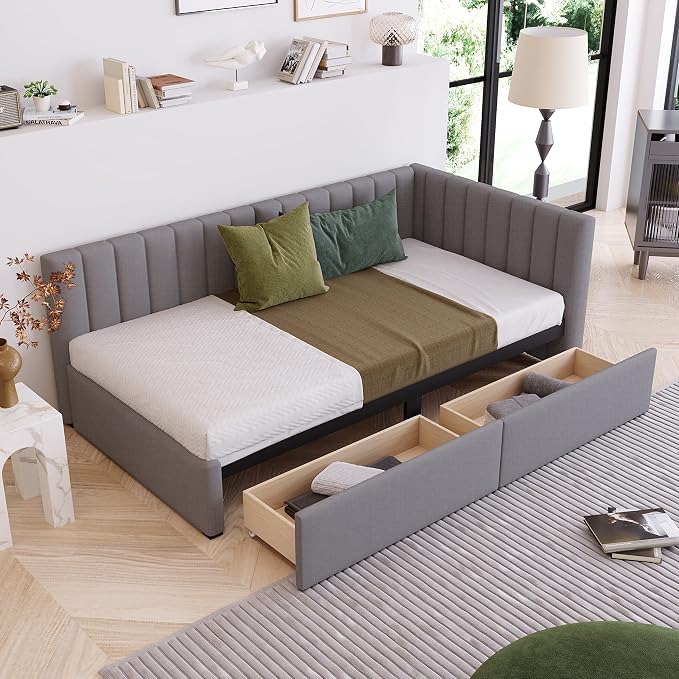 Merax Twin Size Upholstered Daybed with 2 Storage Drawers, Wooden Sofa Bed Frame, No Box Spring Needed, Linen Fabric, Gray